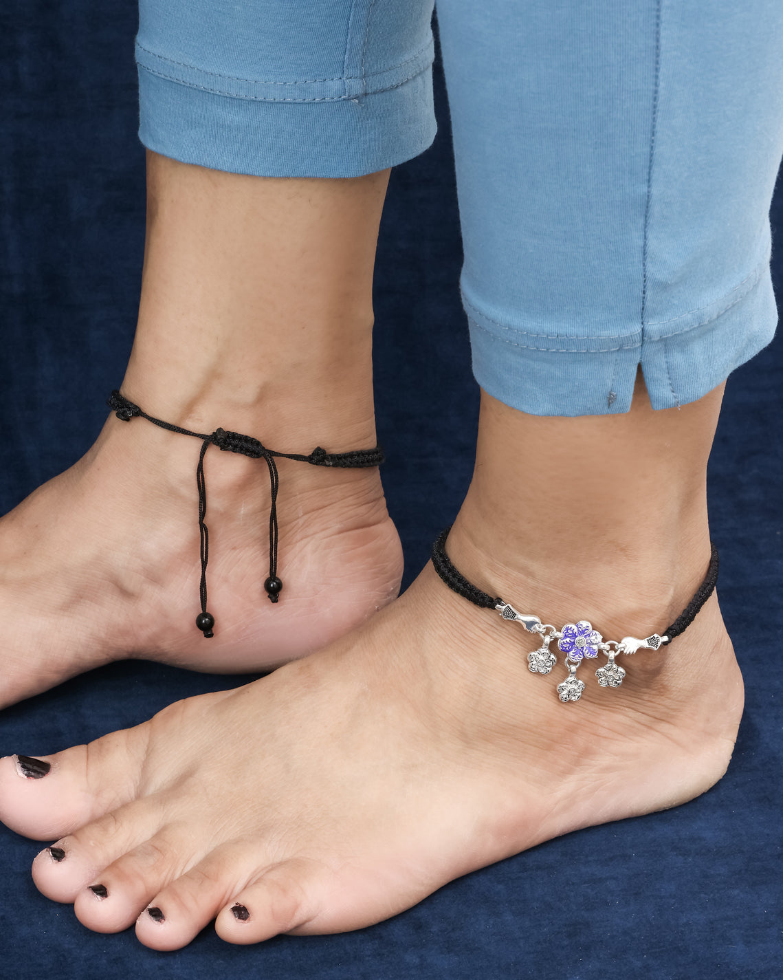 Handmade Black Thread Silver Plated Anklet with Floral & Bird Charms – Adjustable Ethnic Payal for Women & Girls