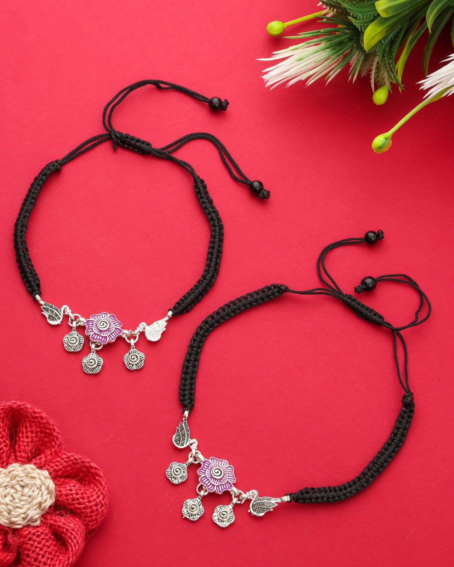 Handmade Black Thread Silver Plated Anklet with Floral & Bird Charms – Adjustable Ethnic Payal for Women & Girls