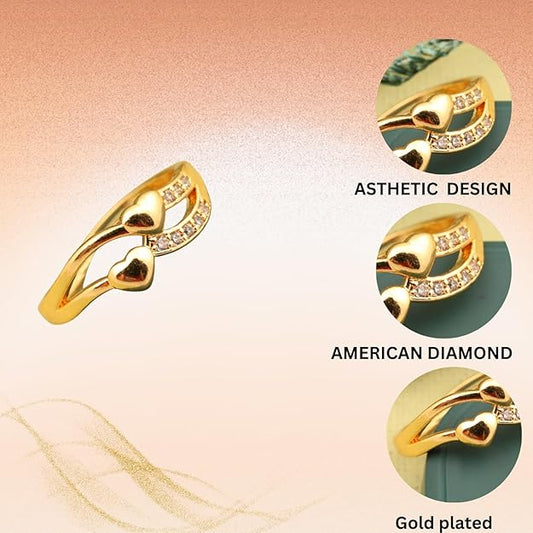 "Gold Plated Double Heart Ring with CZ Stones – Romantic Adjustable Jewelry for Women"