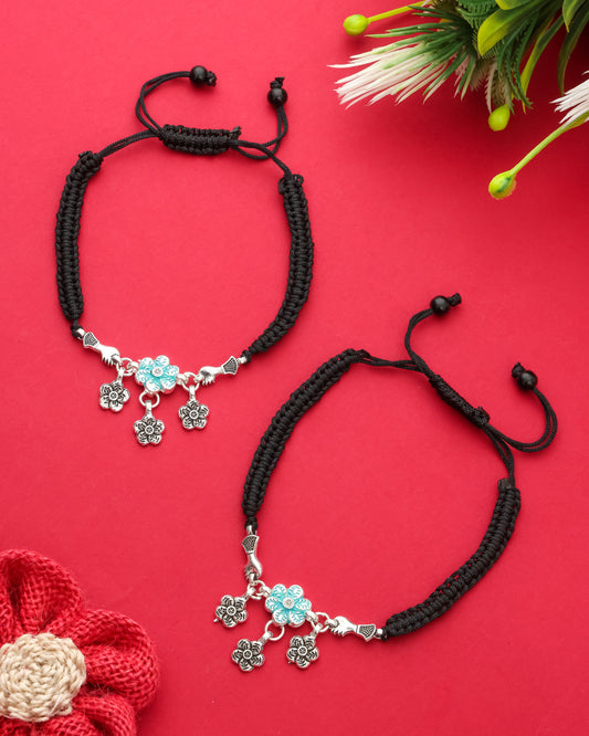 Handmade Black Thread Silver Plated Anklet with Floral & Bird Charms – Adjustable Ethnic Payal for Women & Girls