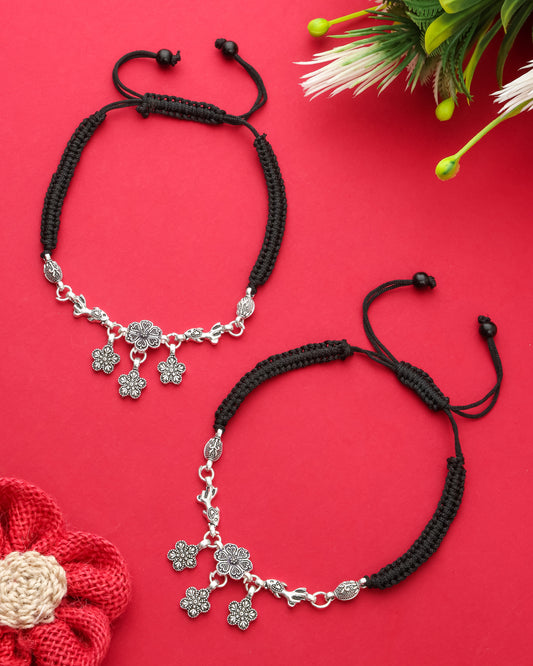 Handmade Black Thread Silver Plated Anklet with Floral & Bird Charms – Adjustable Ethnic Payal for Women & Girls
