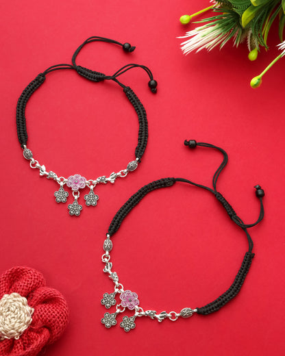 Handmade Black Thread Silver Plated Anklet with Floral & Bird Charms – Adjustable Ethnic Payal for Women & Girls