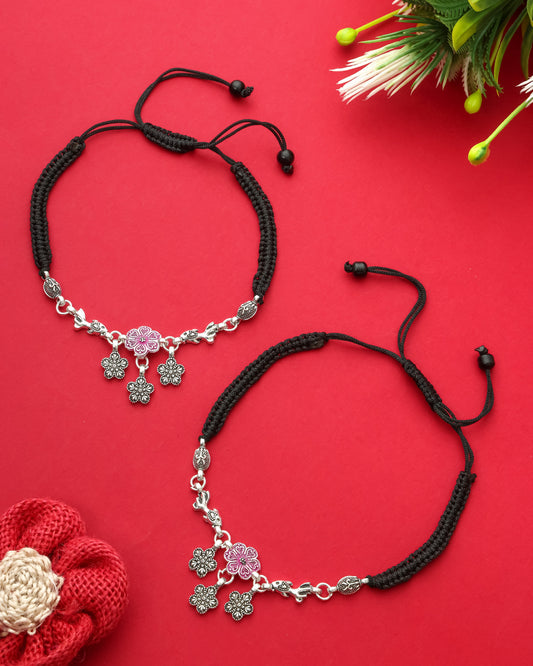 Handmade Black Thread Silver Plated Anklet with Floral & Bird Charms – Adjustable Ethnic Payal for Women & Girls