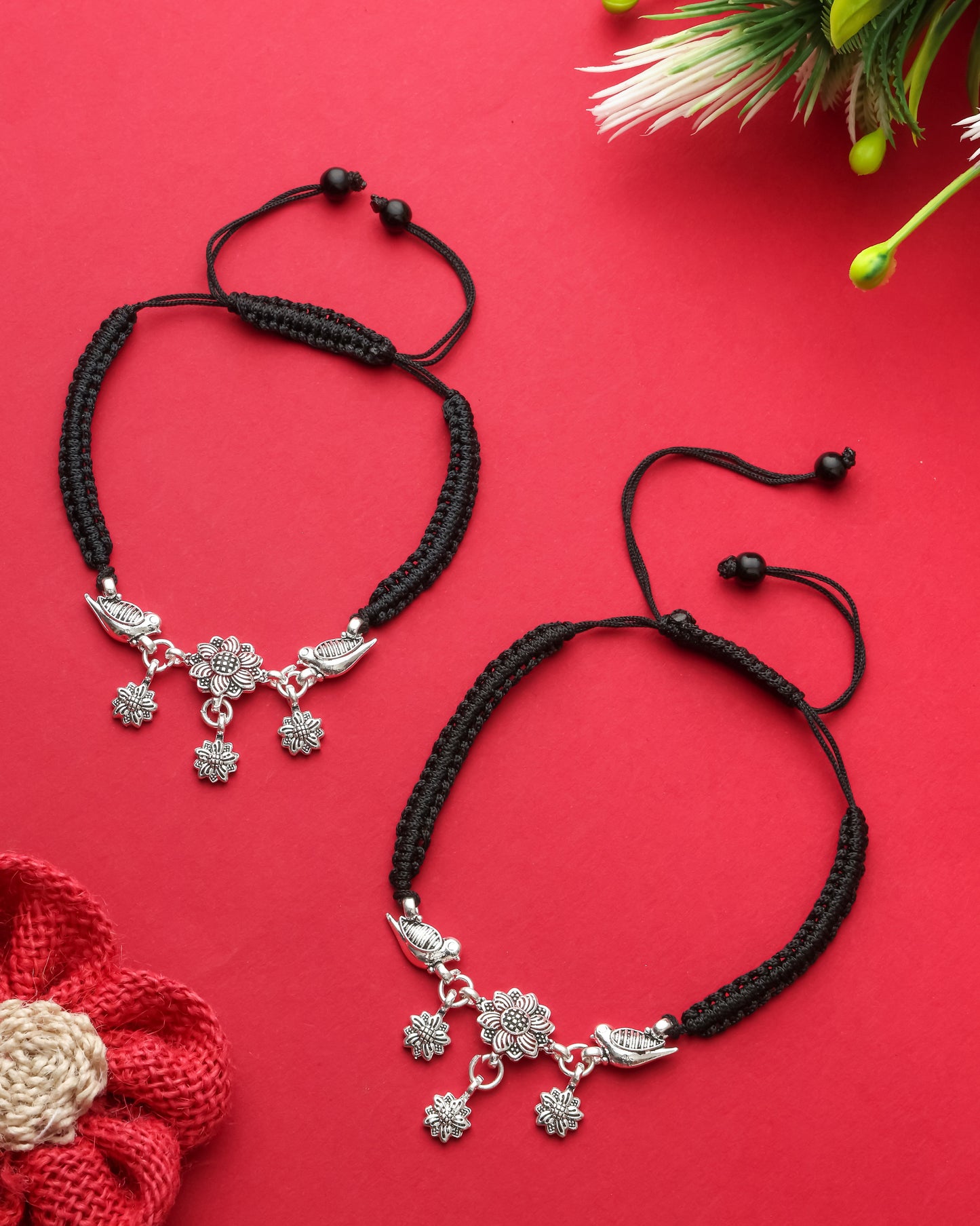 Handmade Black Thread Silver Plated Anklet with Floral & Bird Charms – Adjustable Ethnic Payal for Women & Girls