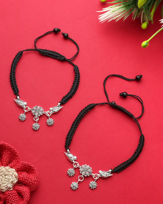 Handmade Black Thread Silver Plated Anklet with Floral & Bird Charms – Adjustable Ethnic Payal for Women & Girls