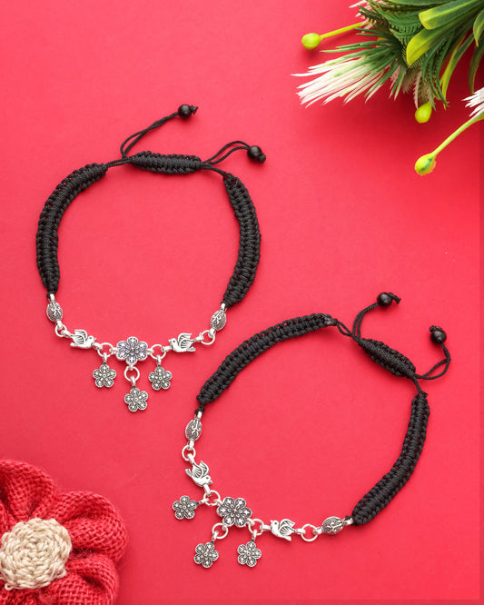 Handmade Black Thread Silver Plated Anklet with Floral & Bird Charms – Adjustable Ethnic Payal for Women & Girls