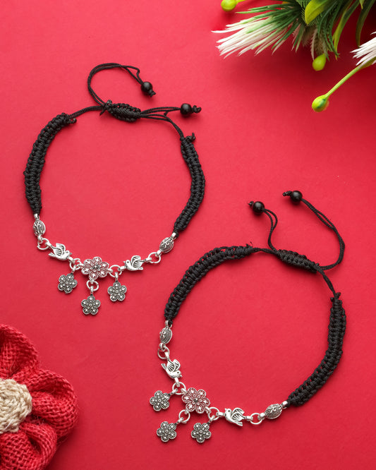 Handmade Black Thread Silver Plated Anklet with Floral & Bird Charms – Adjustable Ethnic Payal for Women & Girls