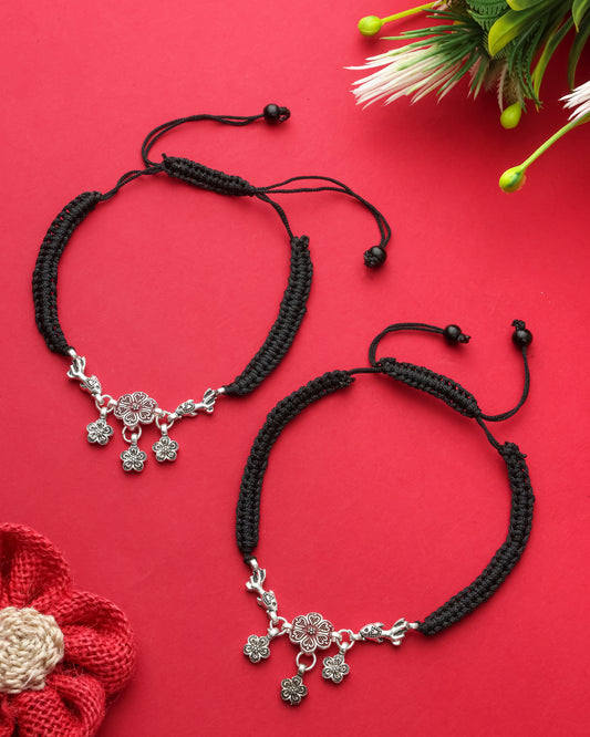 Handmade Black Thread Silver Plated Anklet with Floral & Bird Charms – Adjustable Ethnic Payal for Women & Girls