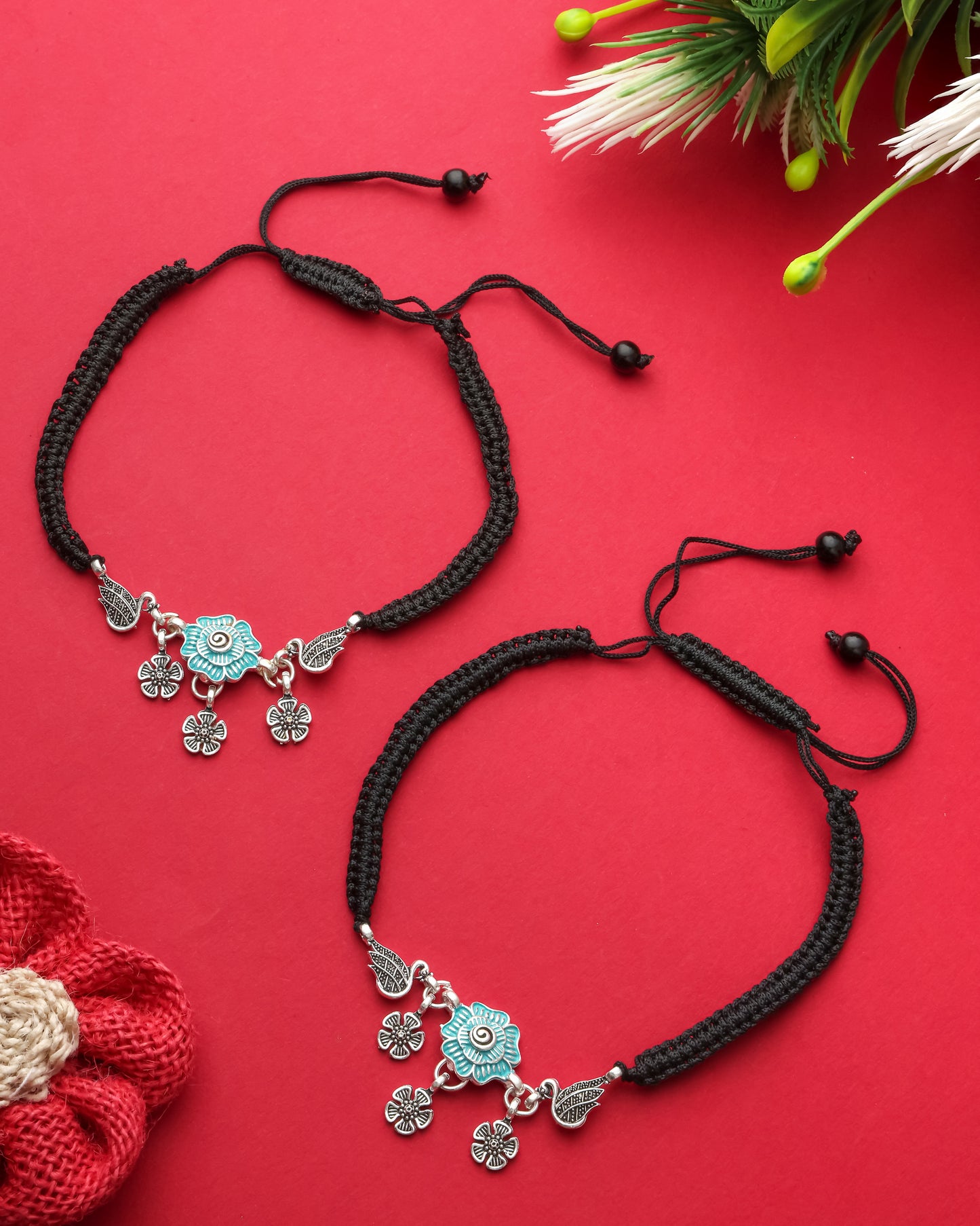Handmade Black Thread Silver Plated Anklet with Floral & Bird Charms – Adjustable Ethnic Payal for Women & Girls