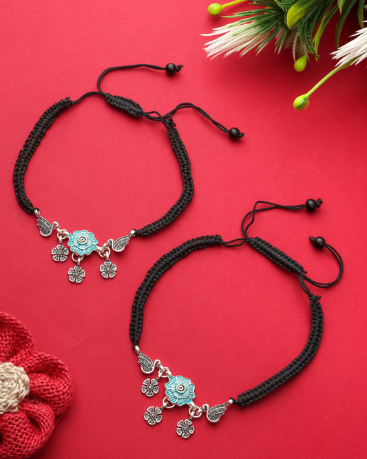 Handmade Black Thread Silver Plated Anklet with Floral & Bird Charms – Adjustable Ethnic Payal for Women & Girls