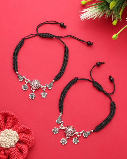 Handmade Black Thread Silver Plated Anklet with Floral & Bird Charms – Adjustable Ethnic Payal for Women & Girls