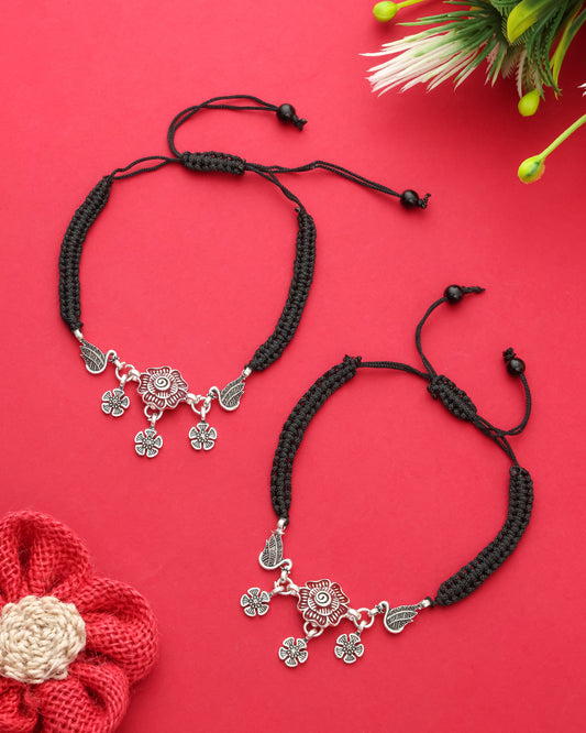Handmade Black Thread Silver Plated Anklet with Floral & Bird Charms – Adjustable Ethnic Payal for Women & Girls