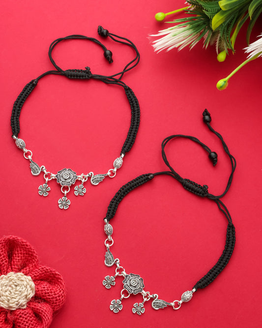 Handmade Black Thread Silver Plated Anklet with Floral & Bird Charms – Adjustable Ethnic Payal for Women & Girls