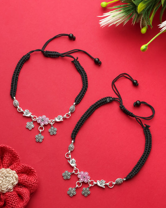 Handmade Black Thread Silver Plated Anklet with Floral & Bird Charms – Adjustable Ethnic Payal for Women & Girls