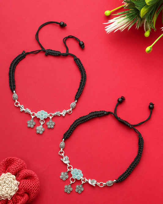 Handmade Black Thread Silver Plated Anklet with Floral & Bird Charms – Adjustable Ethnic Payal for Women & Girls