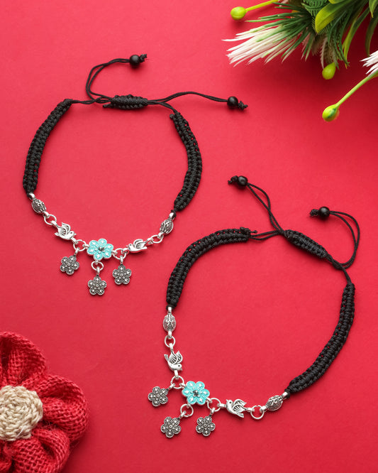 Handmade Black Thread Silver Plated Anklet with Floral & Bird Charms – Adjustable Ethnic Payal for Women & Girls