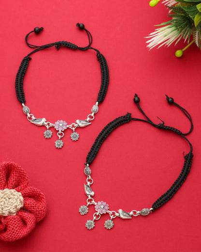 Handmade Black Thread Silver Plated Anklet with Floral & Bird Charms – Adjustable Ethnic Payal for Women & Girls