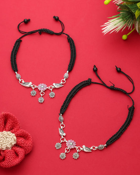 Handmade Black Thread Silver Plated Anklet with Floral & Bird Charms – Adjustable Ethnic Payal for Women & Girls