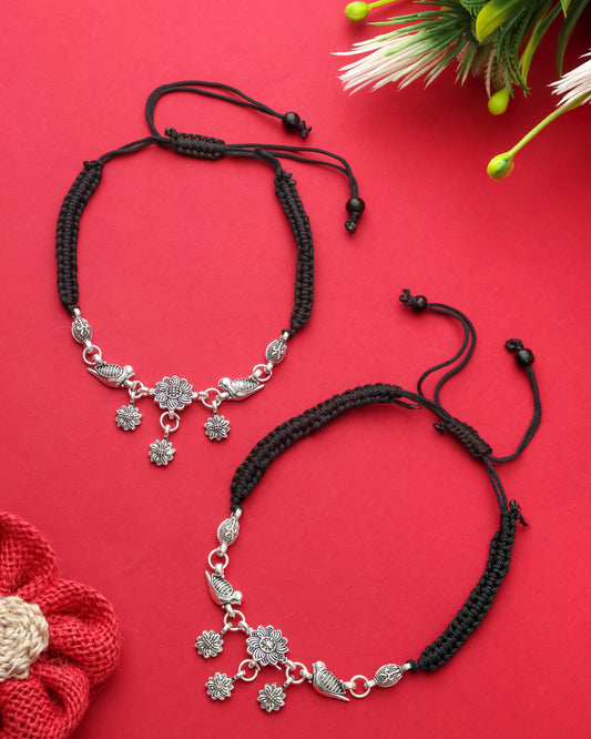 Handmade Black Thread Silver Plated Anklet with Floral & Bird Charms – Adjustable Ethnic Payal for Women & Girls