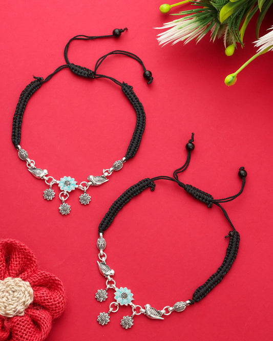 Handmade Black Thread Silver Plated Anklet with Floral & Bird Charms – Adjustable Ethnic Payal for Women & Girls
