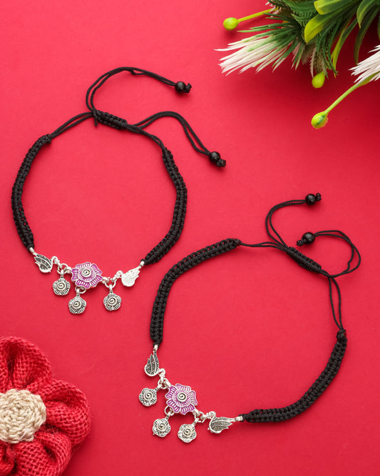 Handmade Black Thread Silver Plated Anklet with Floral & Bird Charms – Adjustable Ethnic Payal for Women & Girls