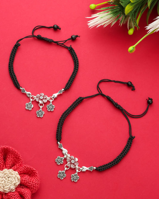 Handmade Black Thread Silver Plated Anklet with Floral & Bird Charms – Adjustable Ethnic Payal for Women & Girls