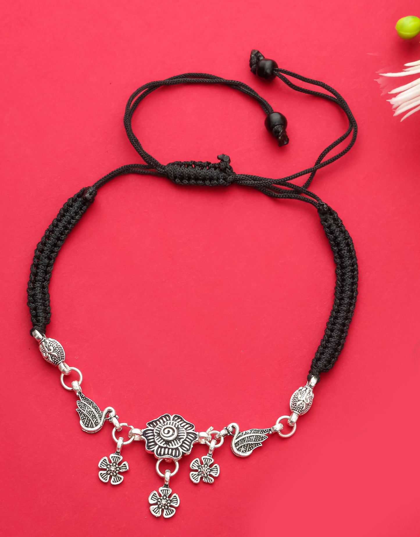 Handmade Black Thread Silver Plated Anklet with Floral & Bird Charms – Adjustable Ethnic Payal for Women & Girls