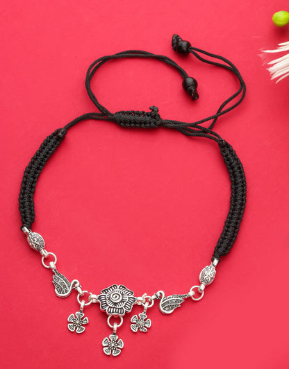 Handmade Black Thread Silver Plated Anklet with Floral & Bird Charms – Adjustable Ethnic Payal for Women & Girls