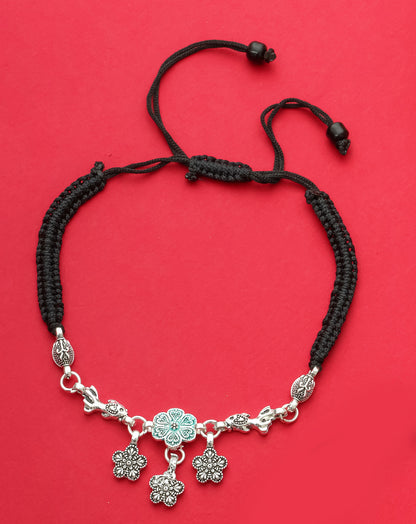 Handmade Black Thread Silver Plated Anklet with Floral & Bird Charms – Adjustable Ethnic Payal for Women & Girls