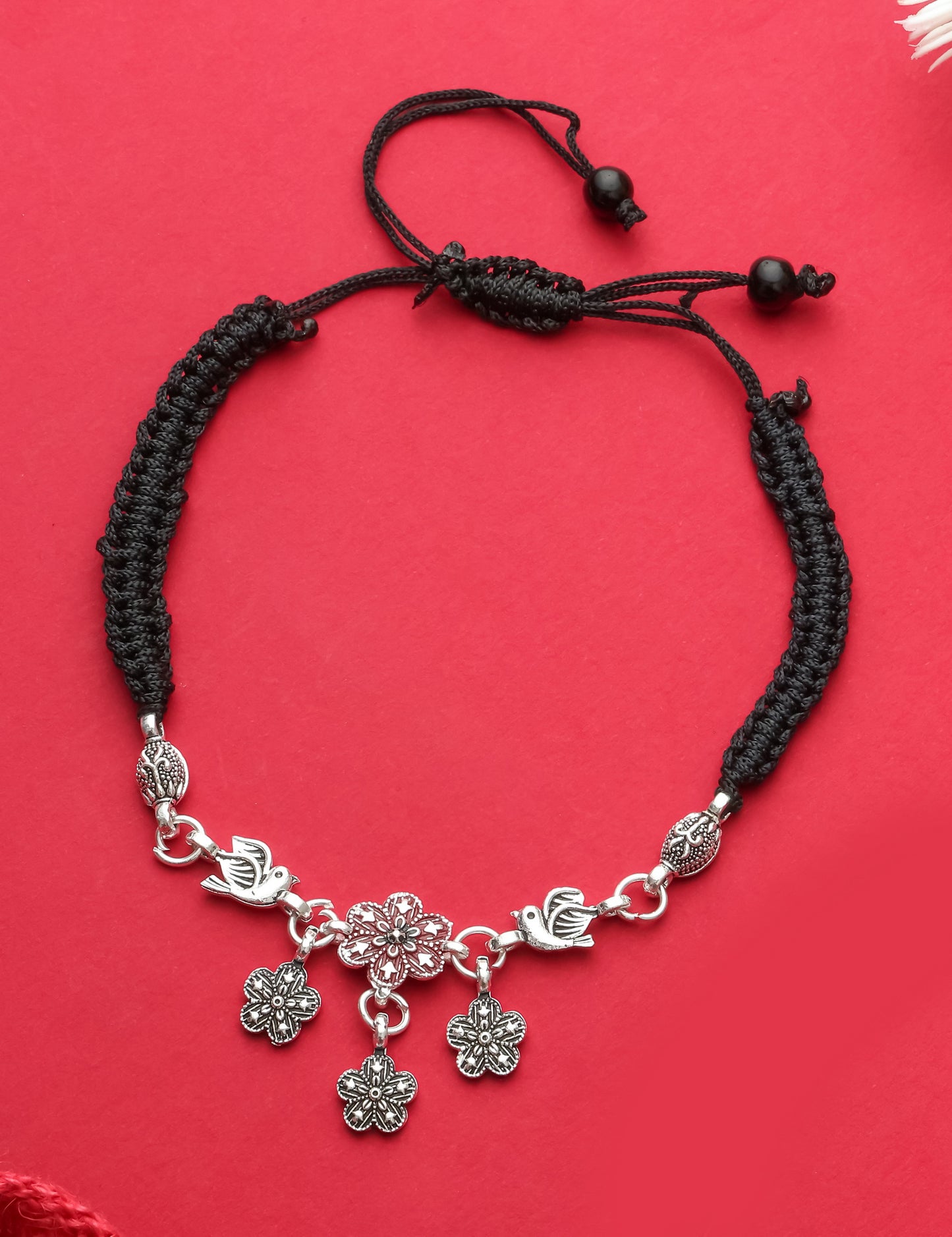 Handmade Black Thread Silver Plated Anklet with Floral & Bird Charms – Adjustable Ethnic Payal for Women & Girls