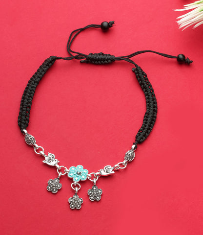 Handmade Black Thread Silver Plated Anklet with Floral & Bird Charms – Adjustable Ethnic Payal for Women & Girls