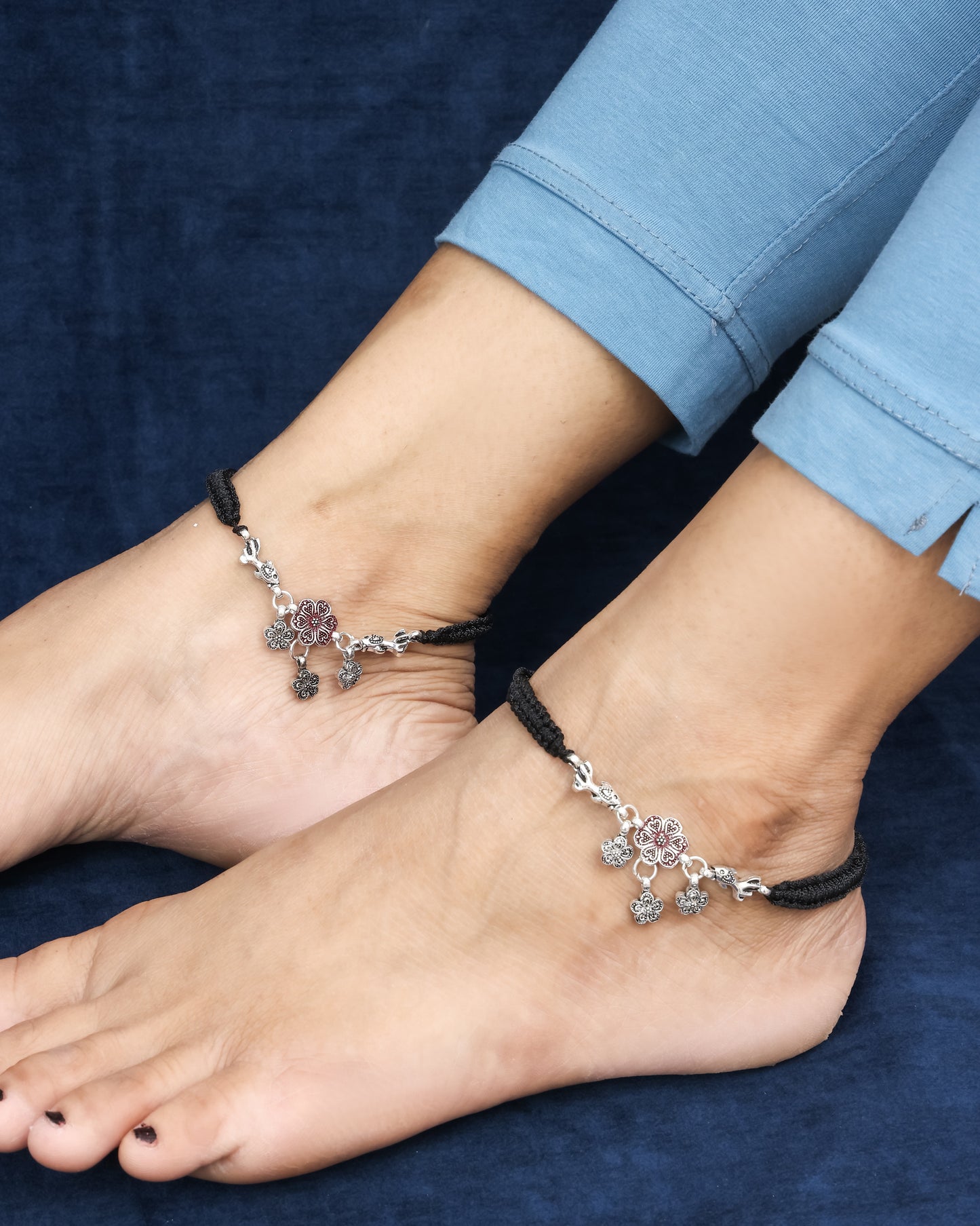 Handmade Black Thread Silver Plated Anklet with Floral & Bird Charms – Adjustable Ethnic Payal for Women & Girls