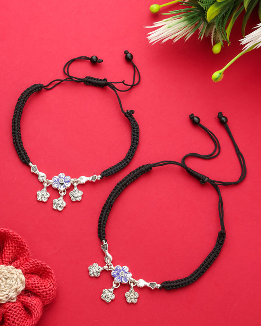 Handmade Black Thread Silver Plated Anklet with Floral & Bird Charms – Adjustable Ethnic Payal for Women & Girls