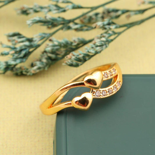 "Gold Plated Double Heart Ring with CZ Stones – Romantic Adjustable Jewelry for Women"