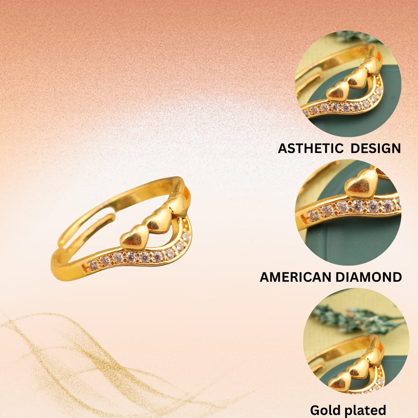 "Gold Plated Adjustable Floral Accent Ring with CZ Stones – Stylish Jewelry for Women"