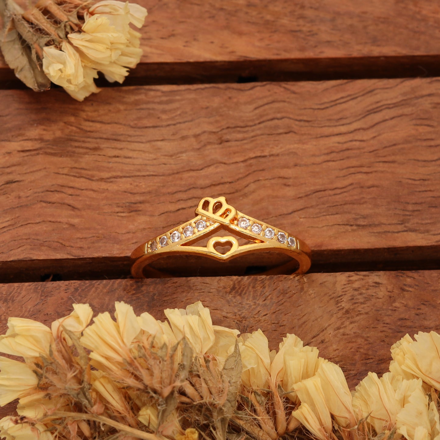 "Gold Plated Adjustable Floral Accent Ring with CZ Stones – Stylish Jewelry for Women"