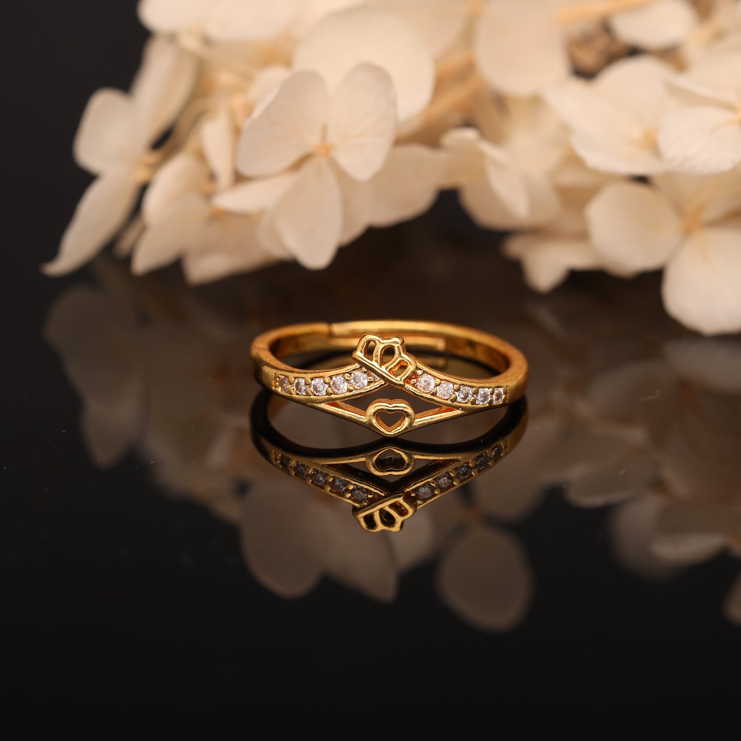 "Gold Plated Adjustable Floral Accent Ring with CZ Stones – Stylish Jewelry for Women"