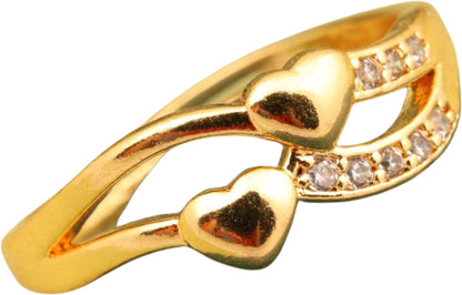 "Gold Plated Double Heart Ring with CZ Stones – Romantic Adjustable Jewelry for Women"