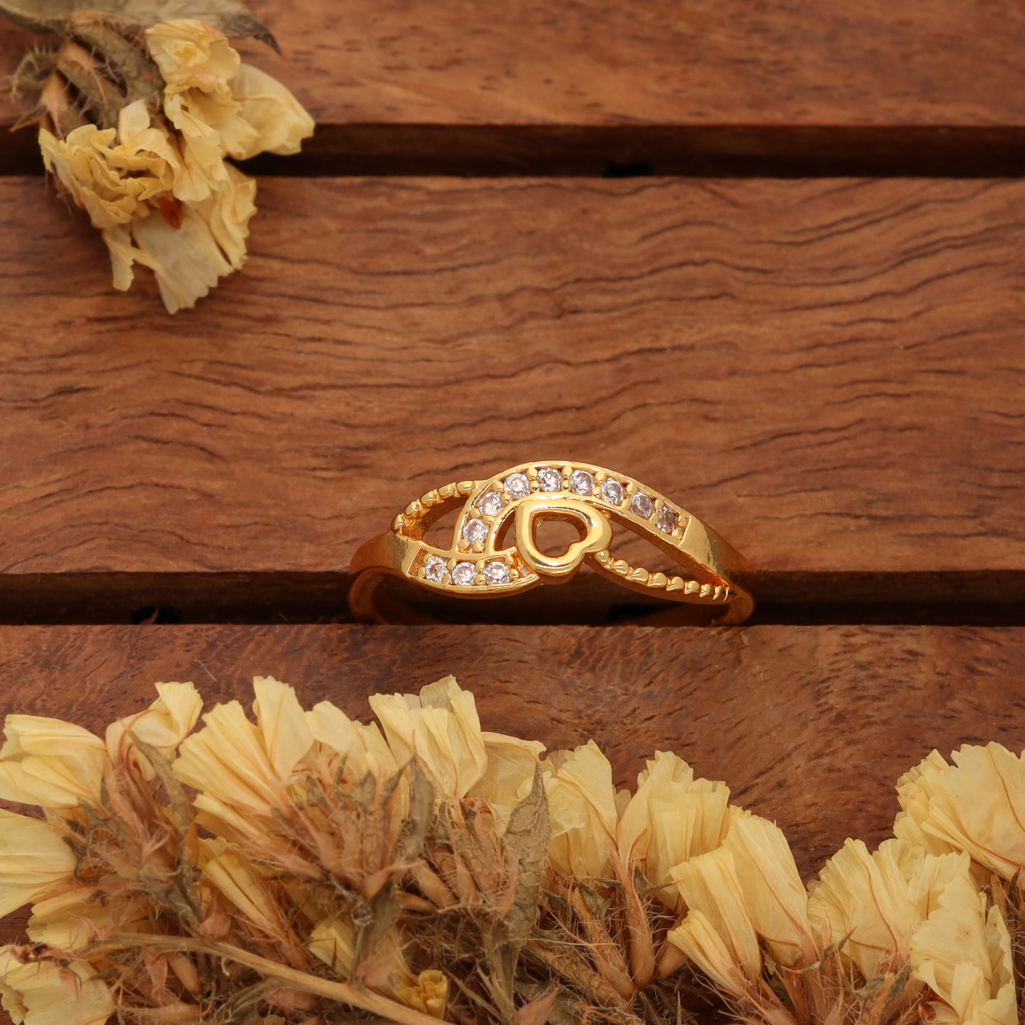 "Gold Plated Adjustable Floral Accent Ring with CZ Stones – Stylish Jewelry for Women"