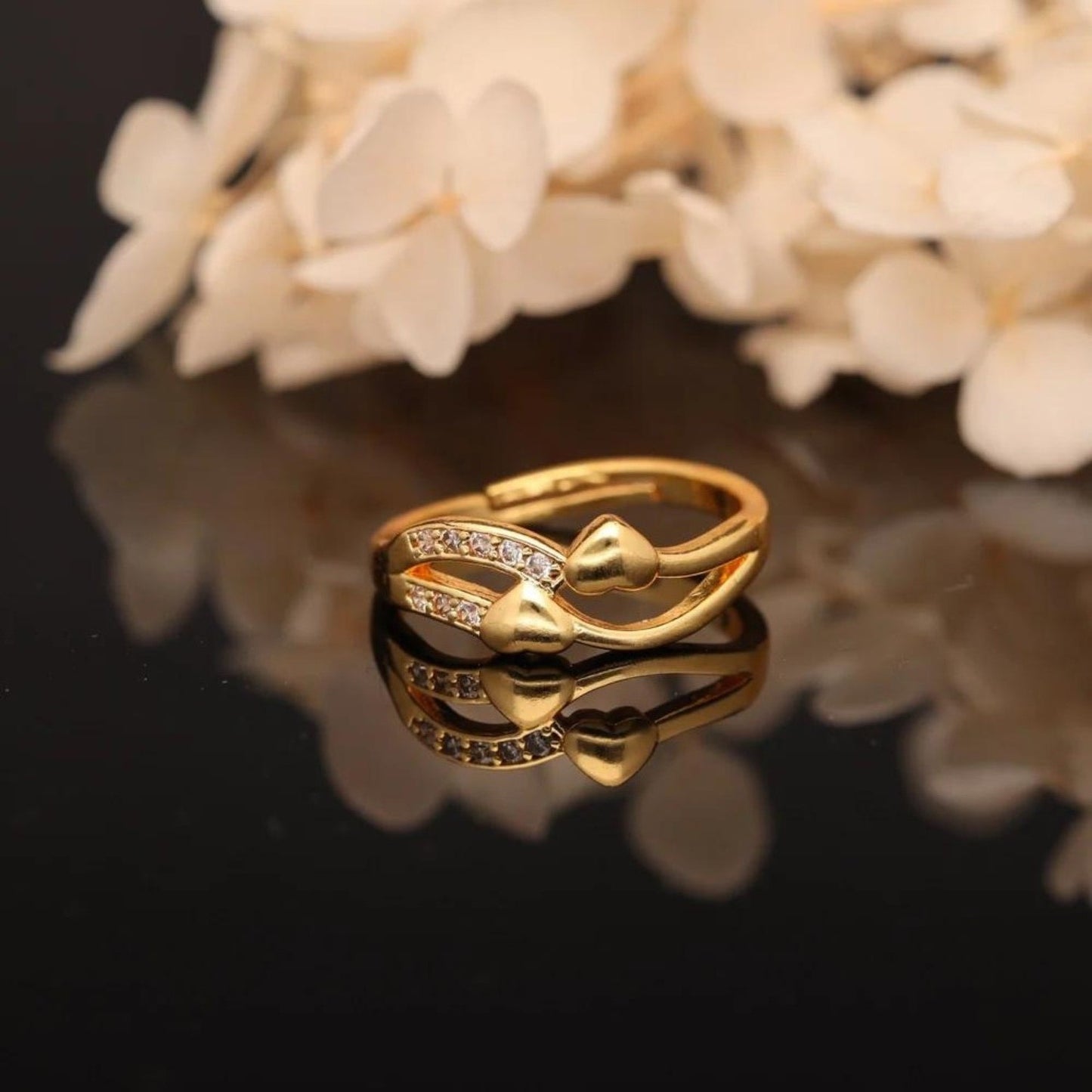"Gold Plated Double Heart Ring with CZ Stones – Romantic Adjustable Jewelry for Women"
