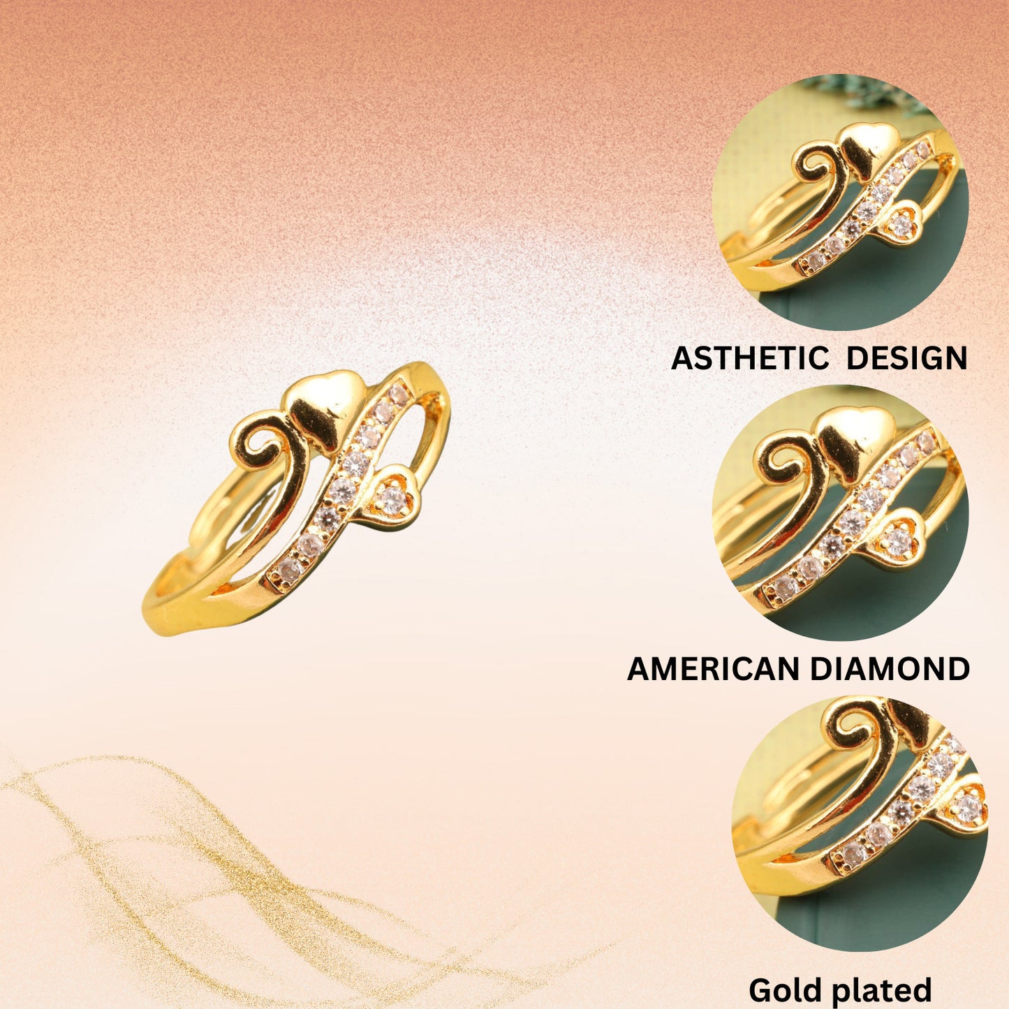 "Gold Plated Heart Design Couple Ring with CZ Stones – Adjustable Stylish Jewelry for Women
