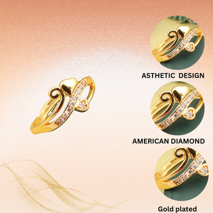 "Gold Plated Heart Design Couple Ring with CZ Stones – Adjustable Stylish Jewelry for Women