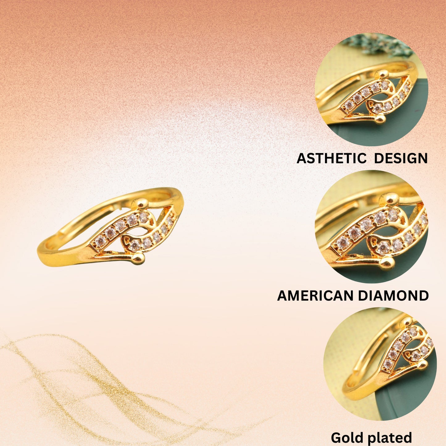 "Gold Plated Adjustable CZ Stone Ring – Elegant Stylish Jewelry for Women"