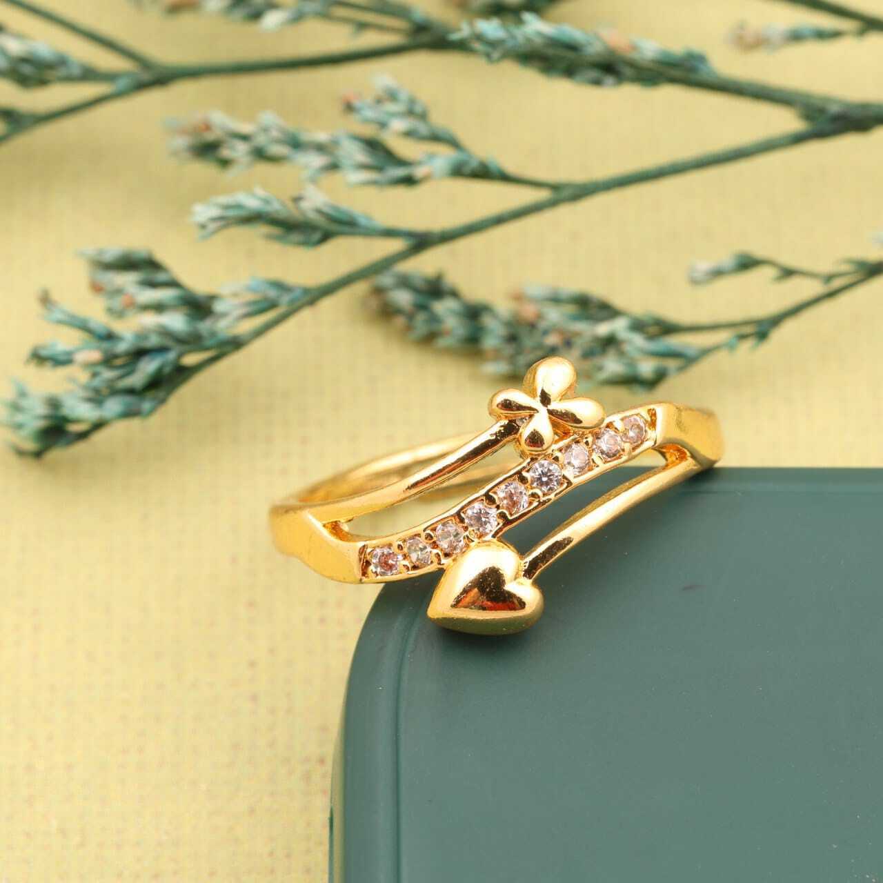 "Gold Plated Adjustable Heart &amp; Flower Design Ring with CZ Stones – Stylish Jewelry for Women"