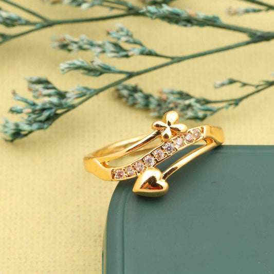"Gold Plated Adjustable Heart &amp; Flower Design Ring with CZ Stones – Stylish Jewelry for Women"
