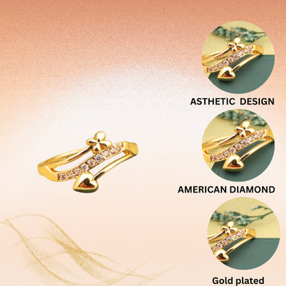 "Gold Plated Adjustable Heart &amp; Flower Design Ring with CZ Stones – Stylish Jewelry for Women"