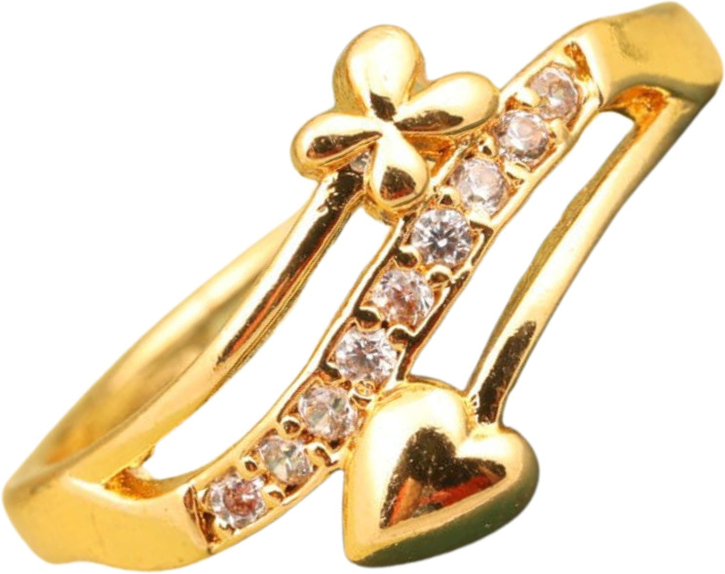 "Gold Plated Adjustable Heart &amp; Flower Design Ring with CZ Stones – Stylish Jewelry for Women"
