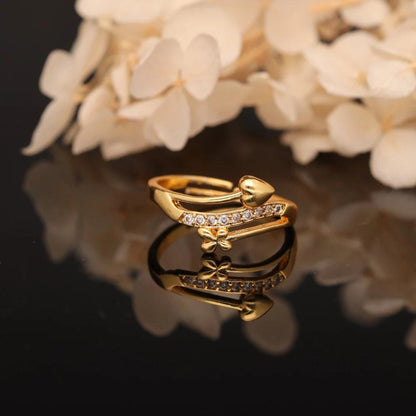 "Gold Plated Adjustable Heart &amp; Flower Design Ring with CZ Stones – Stylish Jewelry for Women"