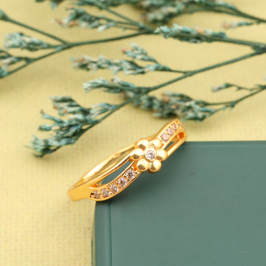 "Gold Plated Adjustable Floral Design Ring with CZ Stones – Elegant Jewelry for Women"