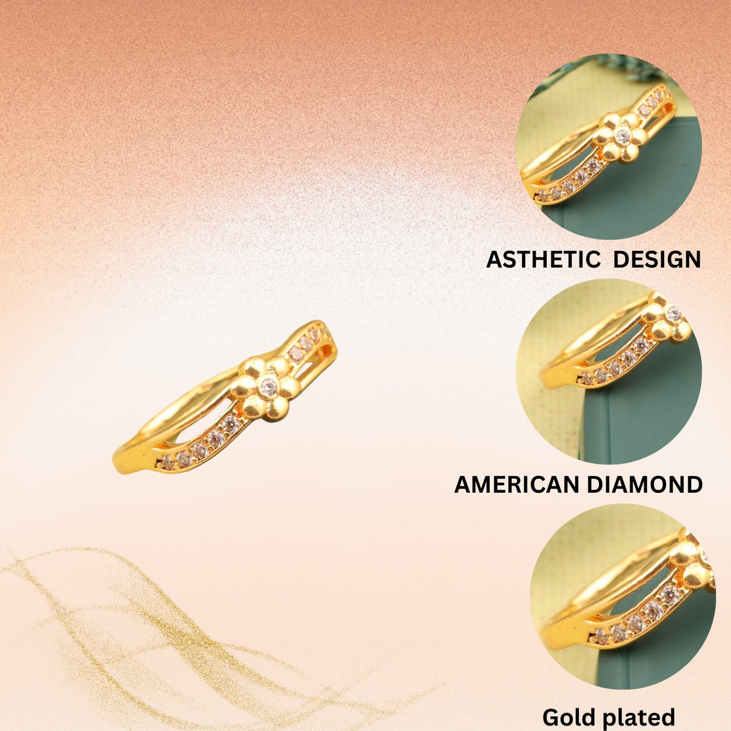 "Gold Plated Adjustable Floral Design Ring with CZ Stones – Elegant Jewelry for Women"